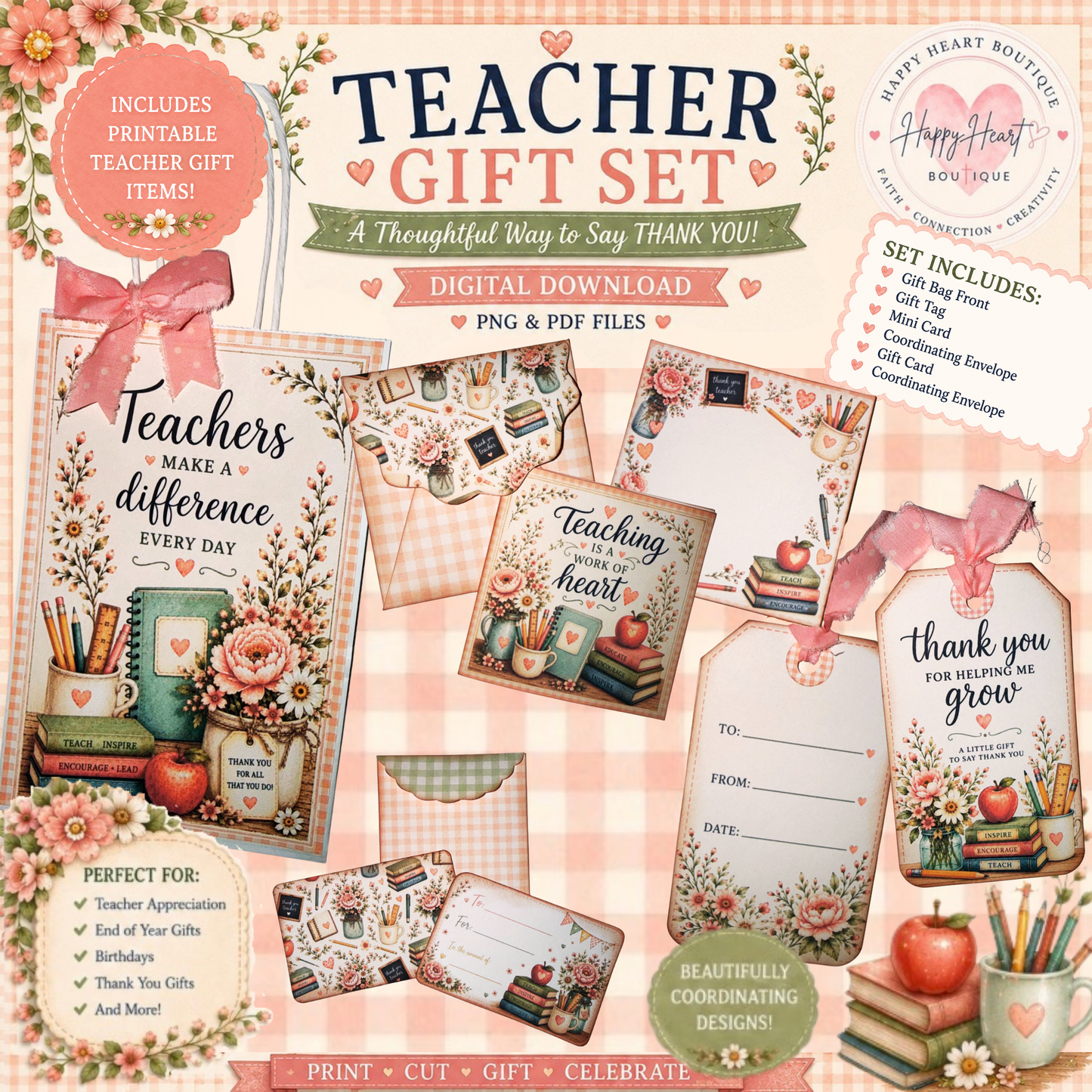 🍎 Teacher Gift Set | Printable Teacher Appreciation Gift | Gift Bag, Tag, Cards & More | PNG + PDF Digital Download