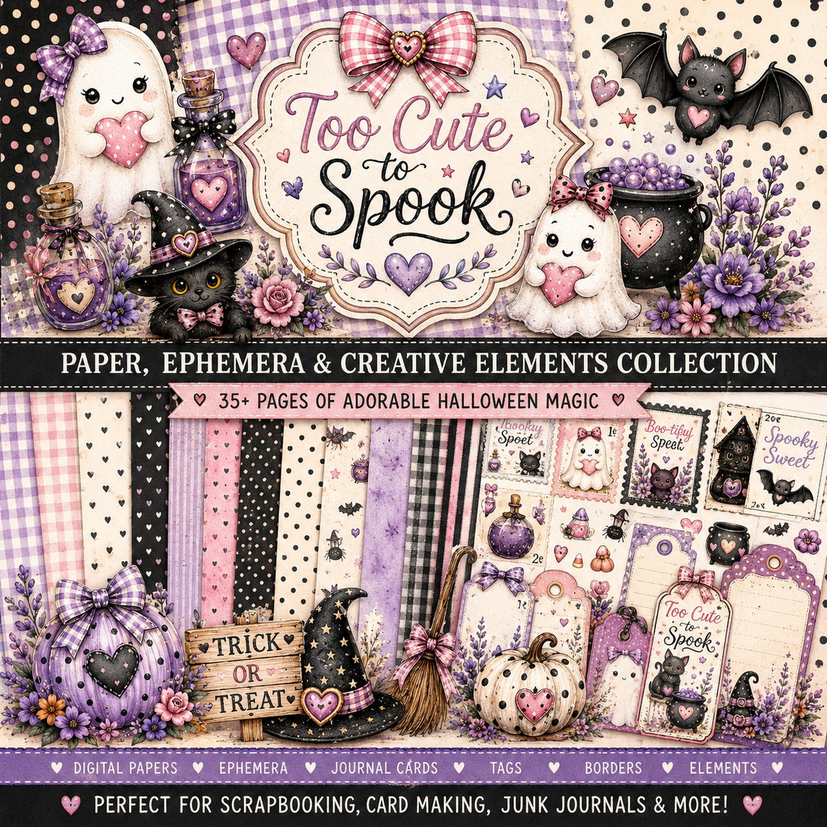 💜🐈‍⬛🩷  Too Cute to Spook Paper, Ephemera & Creative Elements Collection
