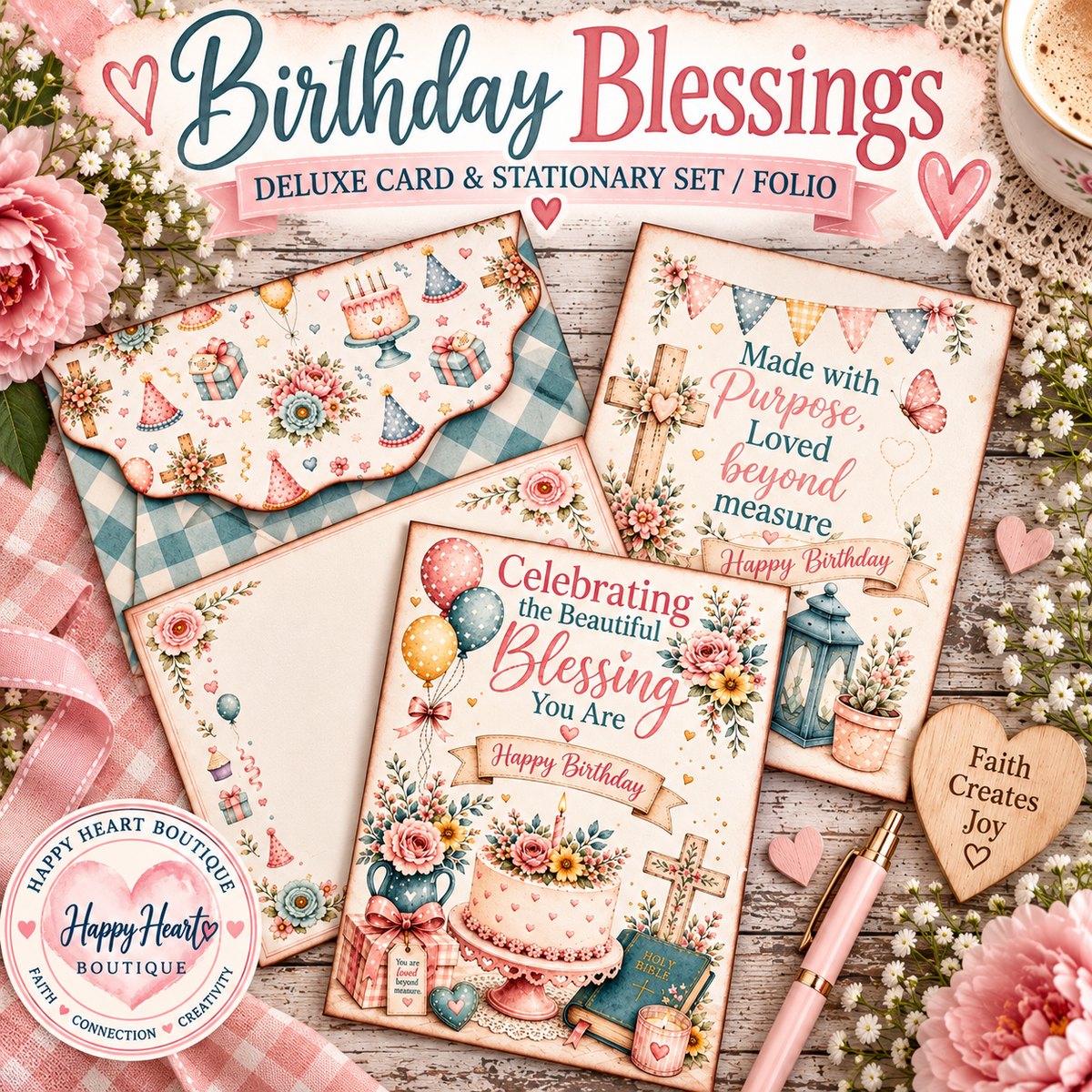 Birthday Blessings Deluxe Card & Stationery Set + Folio | Christian Birthday Printable Card Making Kit