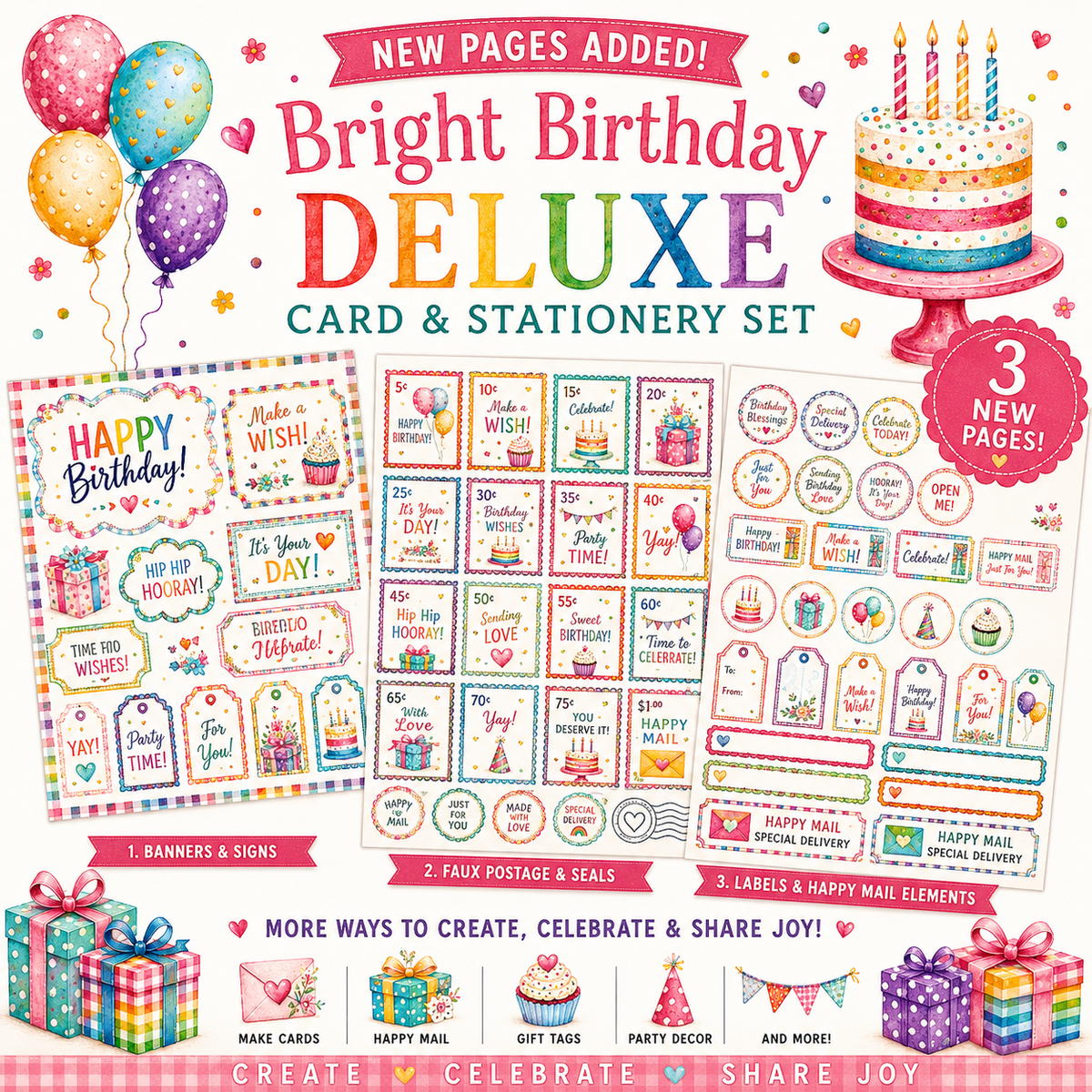 Bright Birthday Deluxe Card & Stationery Set | Printable Birthday Cards, Gift Tags, Stationery, Happy Mail, Digital Download | PNG + PDF