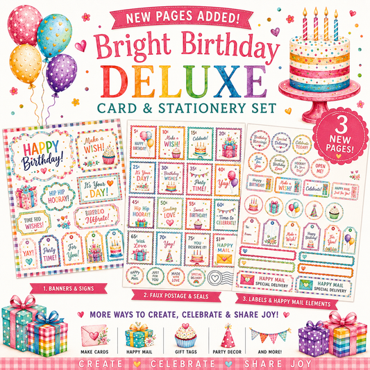 Bright Birthday Deluxe Card & Stationery Set | Printable Birthday Cards, Gift Tags, Stationery, Happy Mail, Digital Download | PNG + PDF