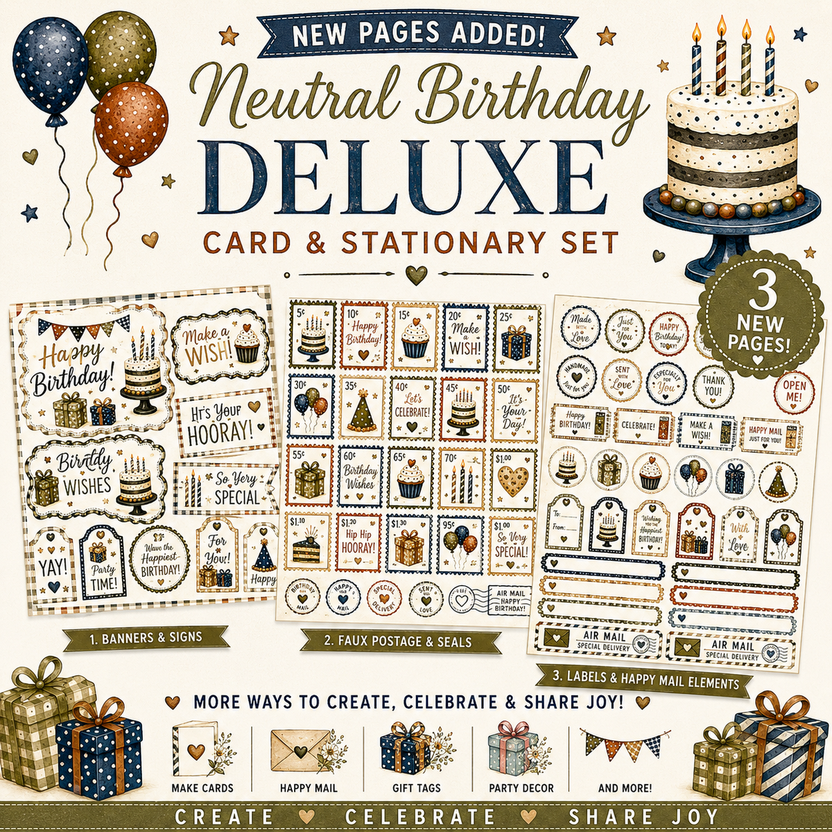 Neutral Birthday Deluxe Card and Stationery Set Download | Printable Birthday Card Kit