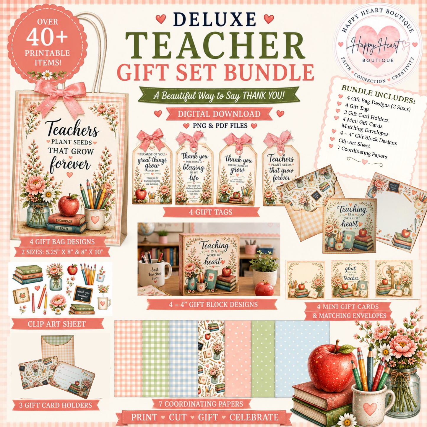 🍎 Deluxe Teacher Gift Set Bundle | Printable Teacher Appreciation Gift Set | Digital Download | Gift Bags, Tags, Cards & Classroom Gifts