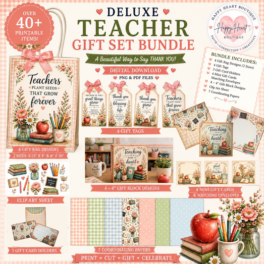 🍎 Deluxe Teacher Gift Set Bundle | Printable Teacher Appreciation Gift Set | Digital Download | Gift Bags, Tags, Cards & Classroom Gifts
