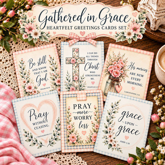 Gathered in Grace Heartfelt Greetings Cards Set | Printable Christian Greeting Cards & Envelopes