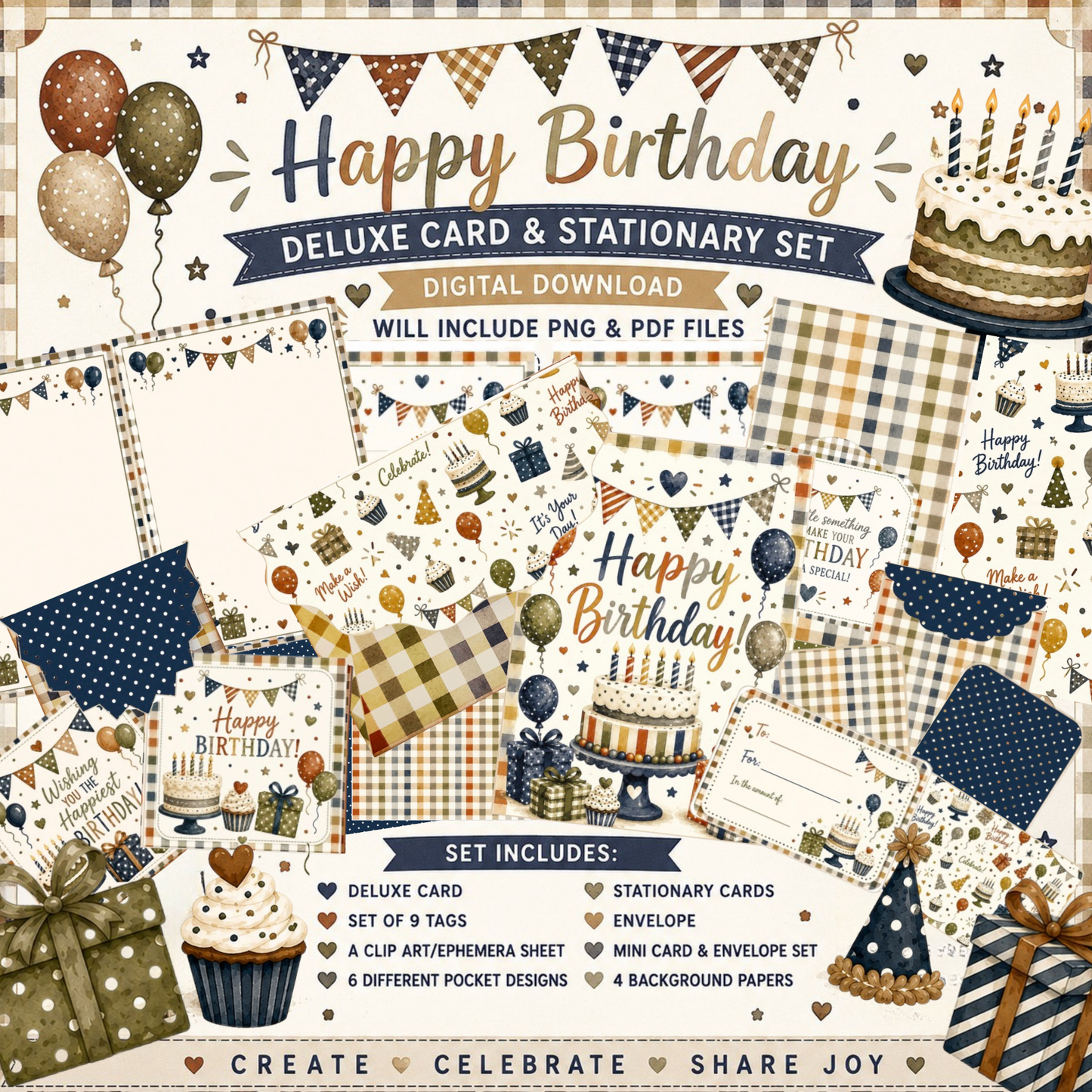 Neutral Birthday Deluxe Card and Stationery Set Download | Printable Birthday Card Kit