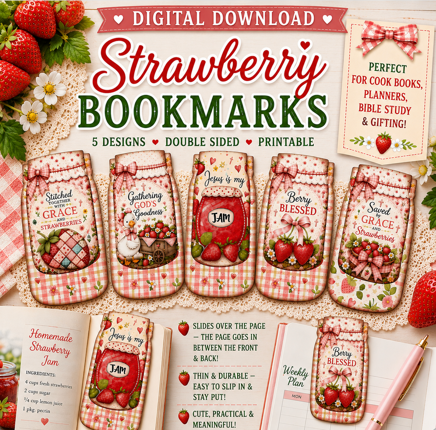 Strawberry Faith Bookmark Bundle Printable | Christian Bookmarks | Bible Study Bookmark Download | DIY Faith Craft