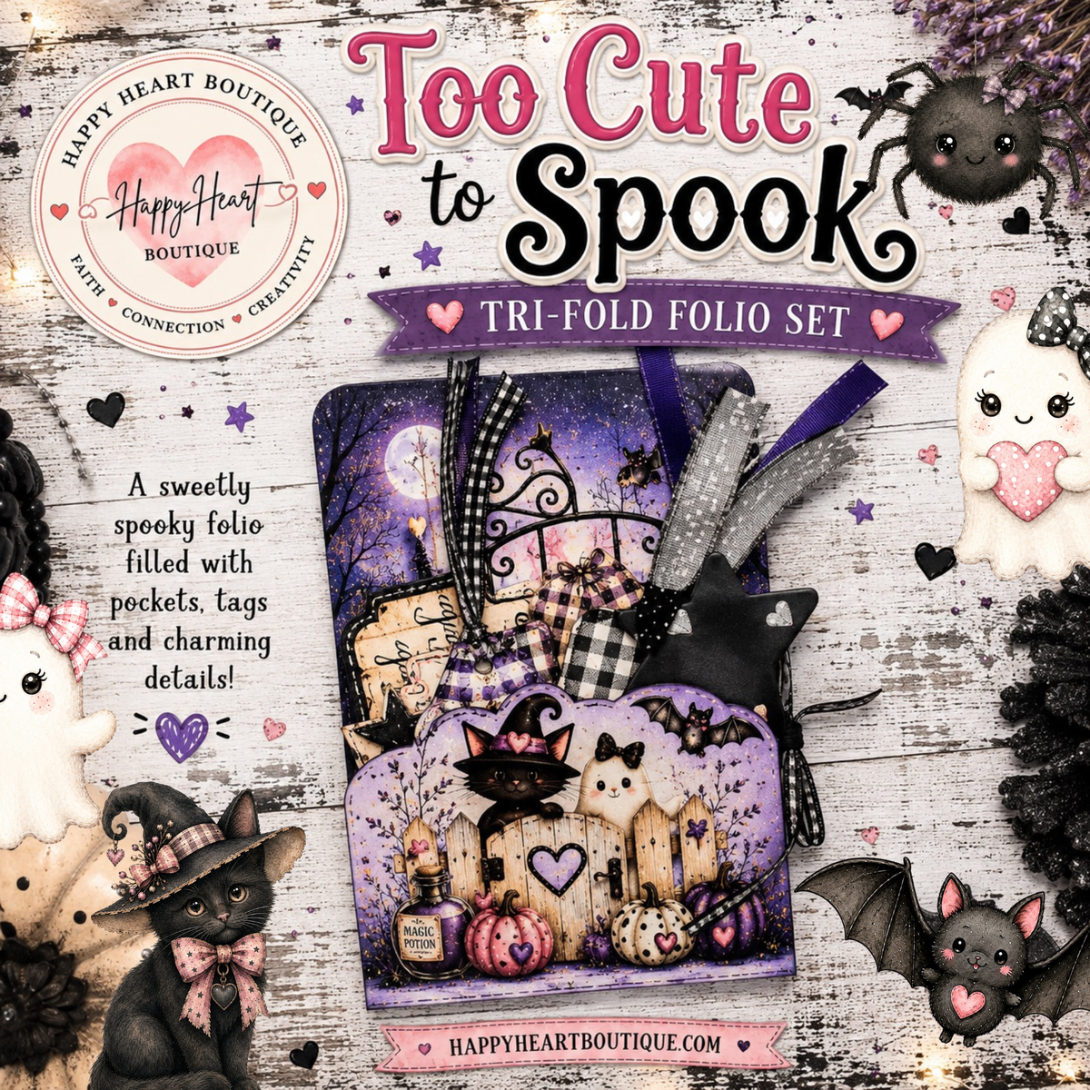 💜👻🩷 Too Cute to Spook Tri-Fold Folio / Card | Printable Halloween Paper Craft Kit | Digital Download