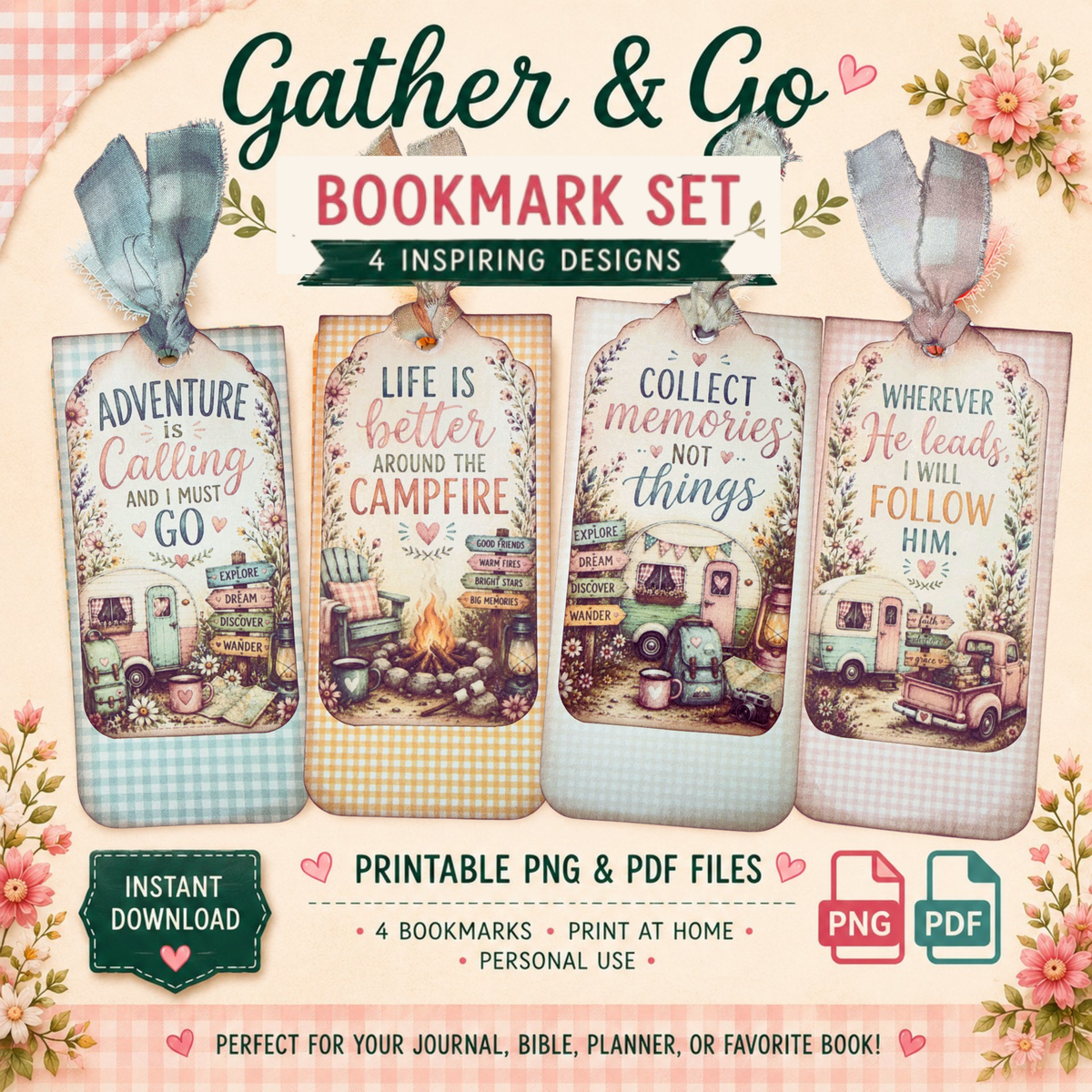 Gather and Go Printable Bookmark Set | Vintage Camper Bookmarks | Journal, Planner &  Book Lover Gift