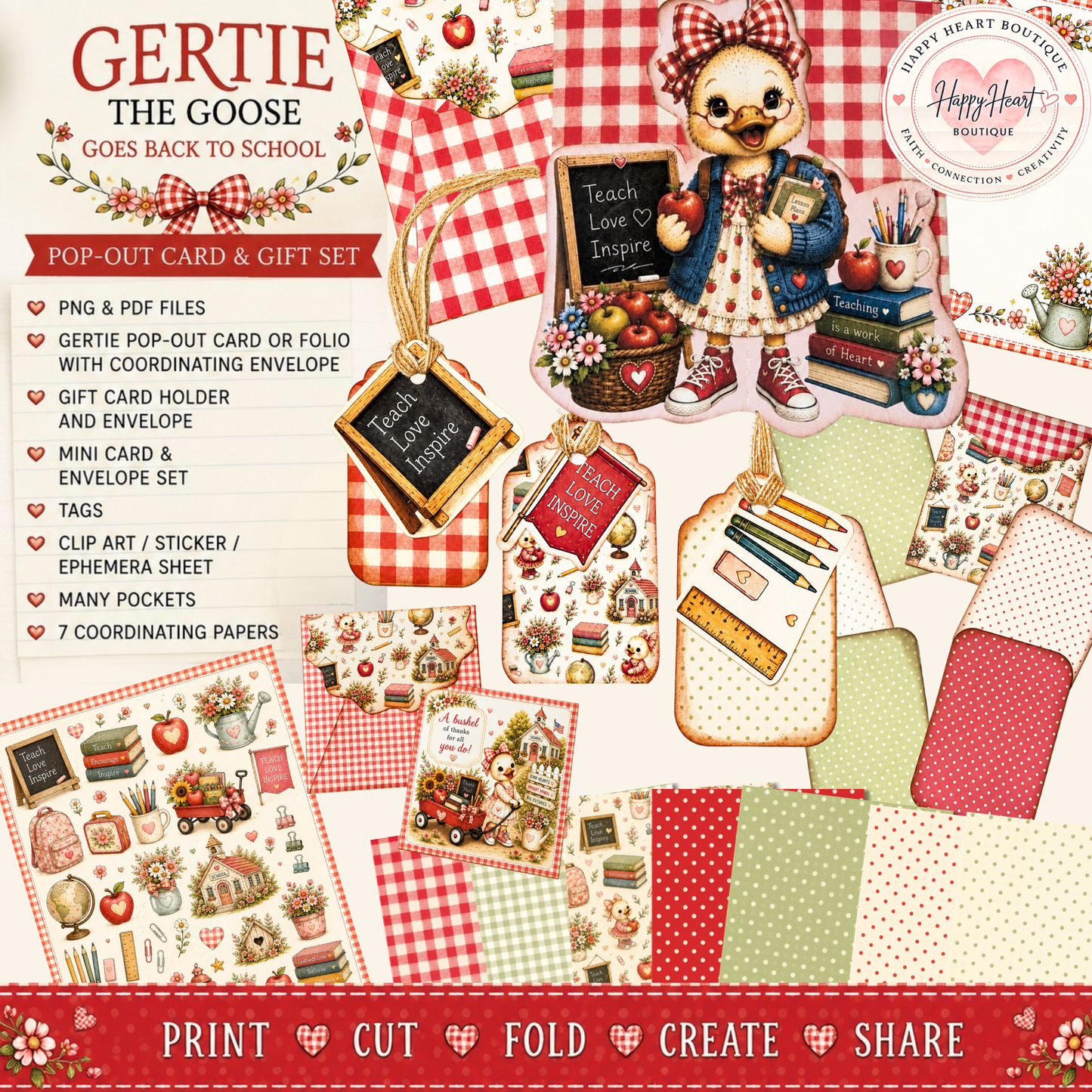 🍎 Gertie the Goose Goes Back to School Pop-Out Card & Gift Set | Printable Teacher Appreciation Digital Download | PNG & PDF Files