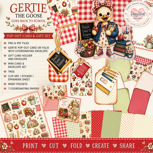 🍎 Gertie the Goose Goes Back to School Pop-Out Card & Gift Set | Printable Teacher Appreciation Digital Download | PNG & PDF Files
