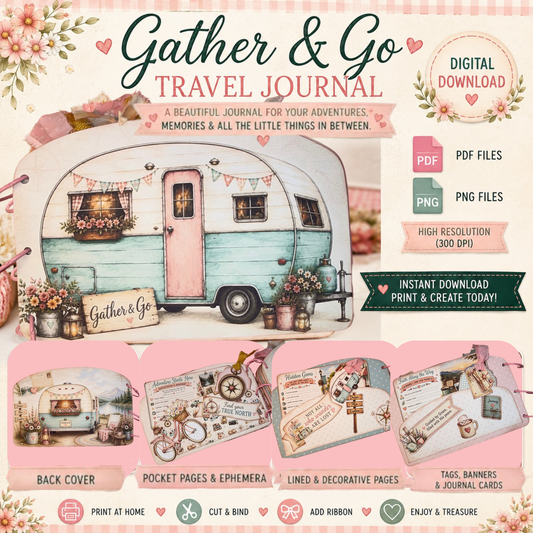 Gather & Go Vintage Camper Travel Journal | Printable Junk Journal | Digital Download PDF &amp; PNG | Camping Journal | Memory Keeping Album