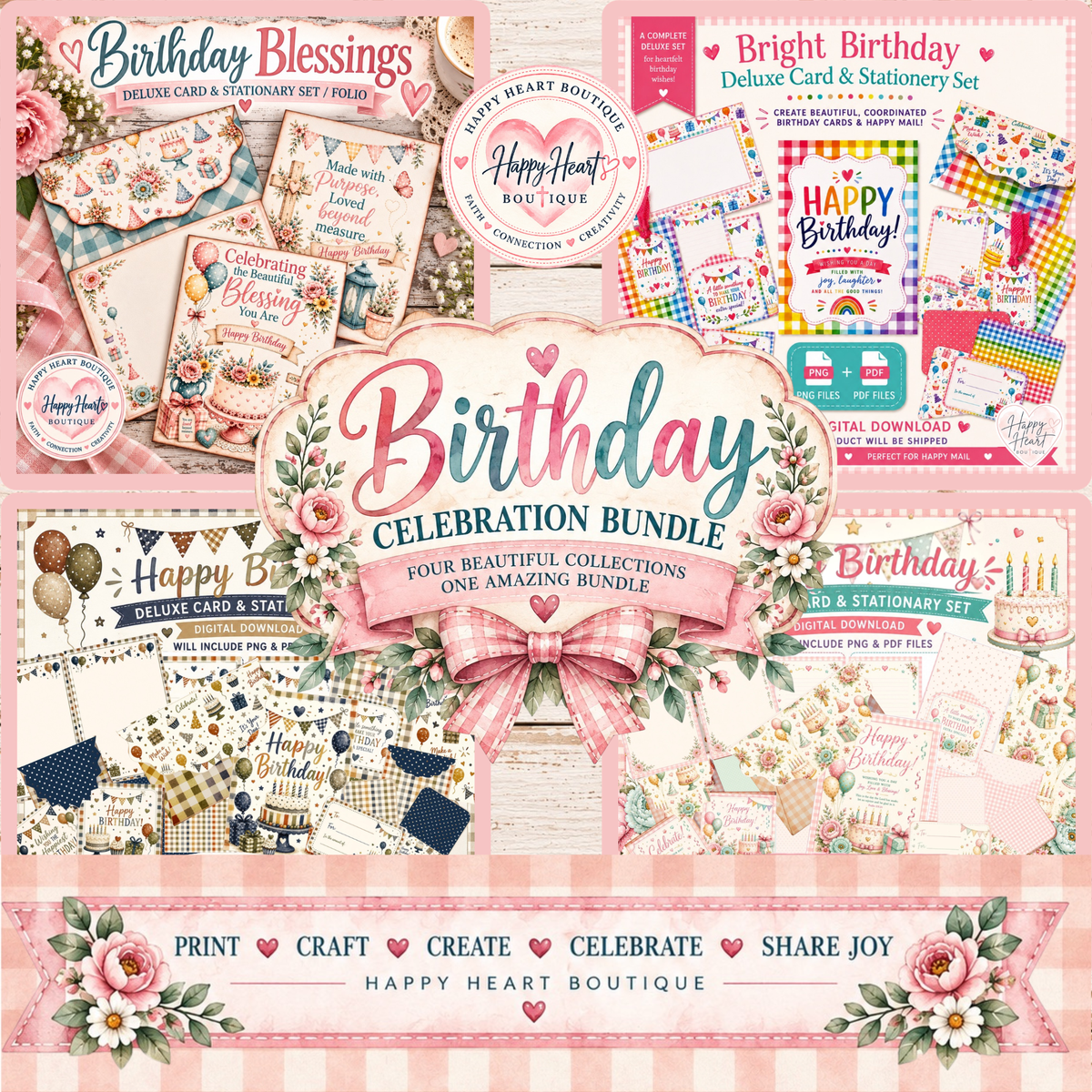 🎂💕 Birthday Celebration Bundle – 4 Deluxe Printable Birthday Card & Stationery Sets