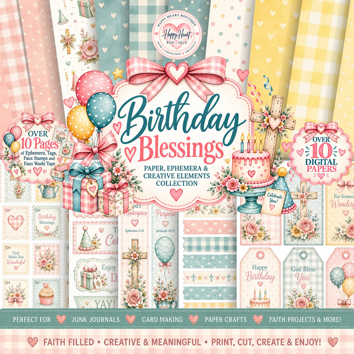 Birthday Blessings Paper, Ephemera & Creative Elements Collection | Christian Birthday Digital Paper & Printables