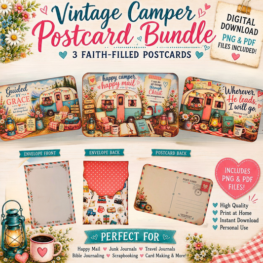 Vintage Happy Camper Postcard Bundle | Digital Download | Faith-Inspired Happy Mail Printable