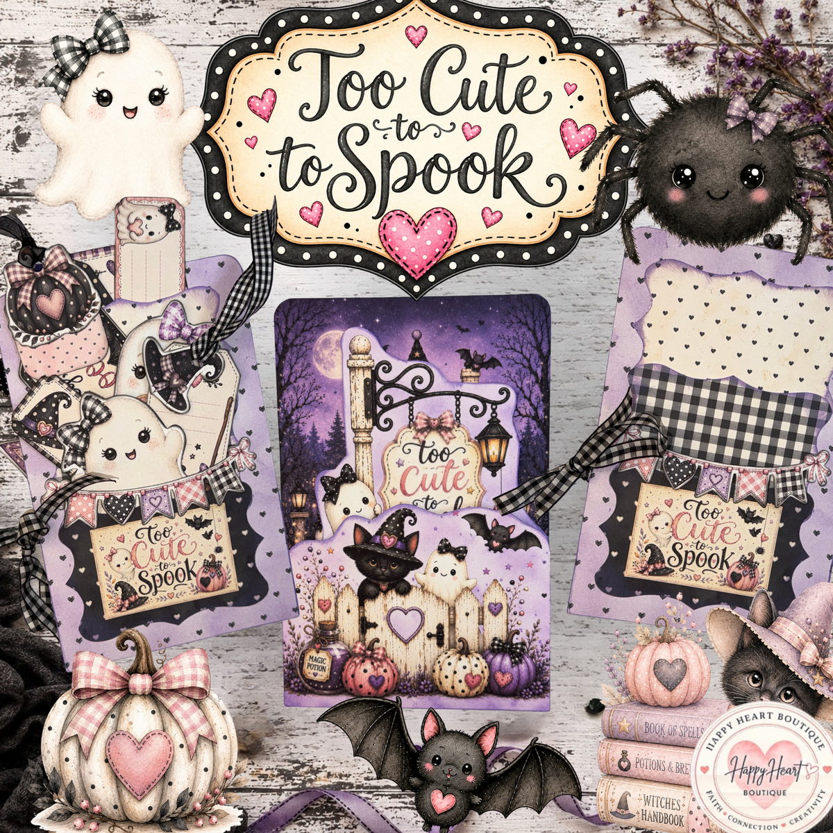 💜👻🩷 Too Cute to Spook Tri-Fold Folio / Card | Printable Halloween Paper Craft Kit | Digital Download
