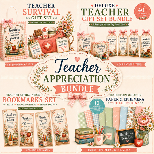 🍎🍎🍎Teacher Appreciation Printable Bundle | Teacher Gift Set, Survival Kit, Bookmarks, Paper & Ephemera | Digital Download
