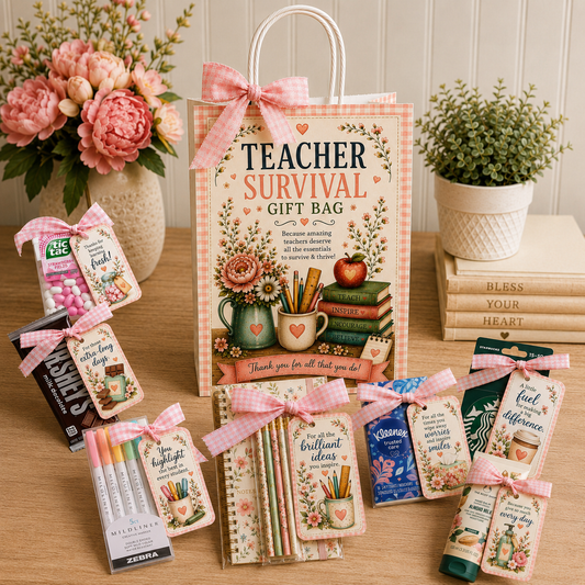 🍎 Teacher Survival Gift Set | Printable Teacher Appreciation Gift Bundle | Gift Bag, Gift Tags, Papers & Clip Art Sheet| PNG + PDF Digital Download
