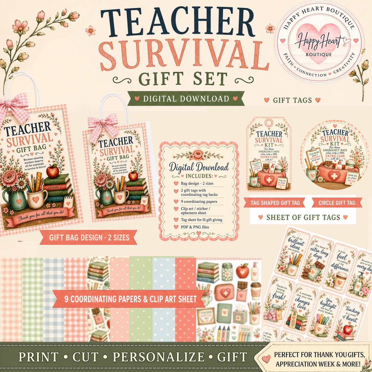 🍎🍎🍎Teacher Appreciation Printable Bundle | Teacher Gift Set, Survival Kit, Bookmarks, Paper & Ephemera | Digital Download