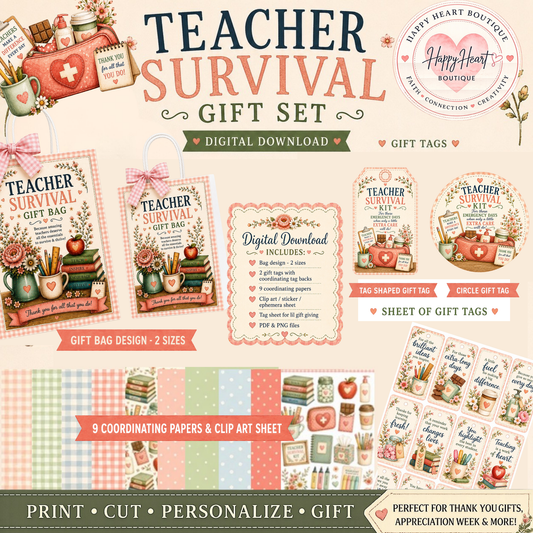 🍎 Teacher Survival Gift Set | Printable Teacher Appreciation Gift Bundle | Gift Bag, Gift Tags, Papers & Clip Art Sheet| PNG + PDF Digital Download