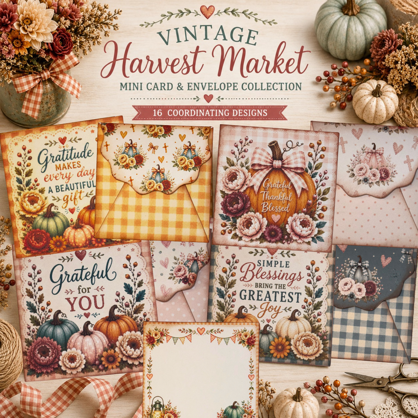 🍂 Vintage Harvest Market Printable Mini Cards & Envelopes | Fall Digital Download