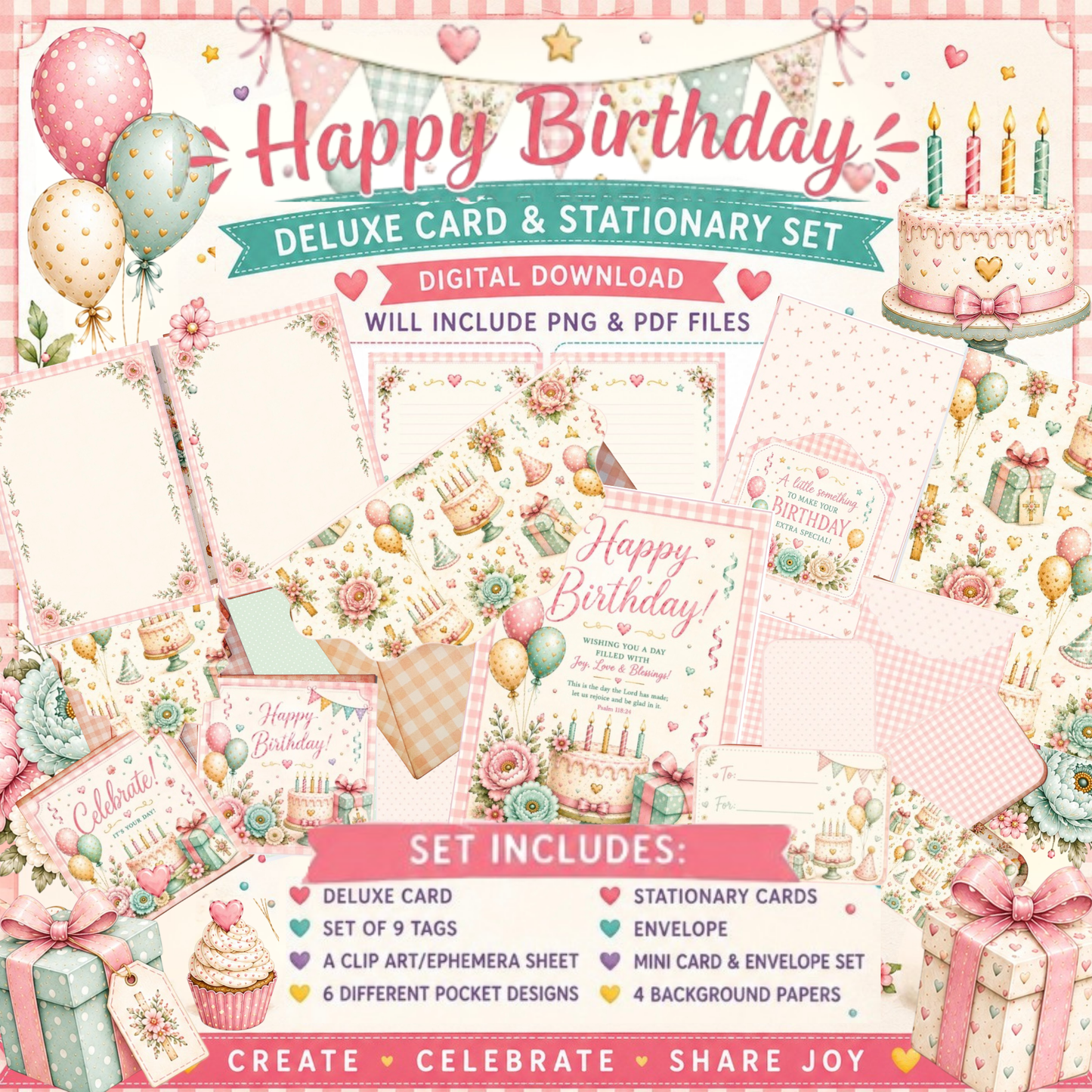 Classic Birthday Deluxe Card and Stationary Set / Printable Gift Card Kit