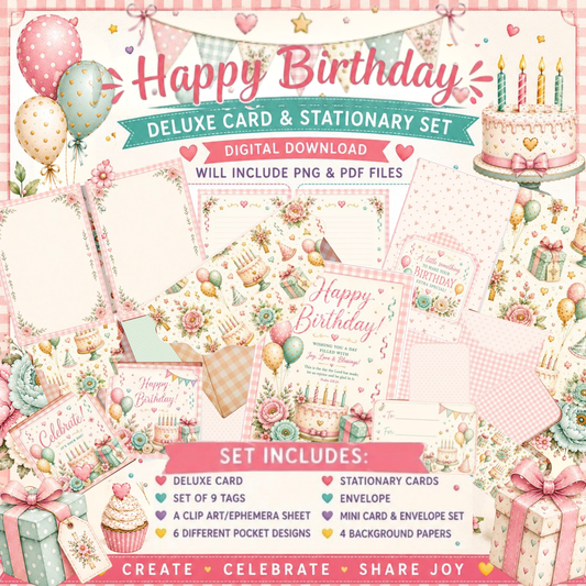 Classic Birthday Deluxe Card and Stationary Set / Printable Gift Card Kit