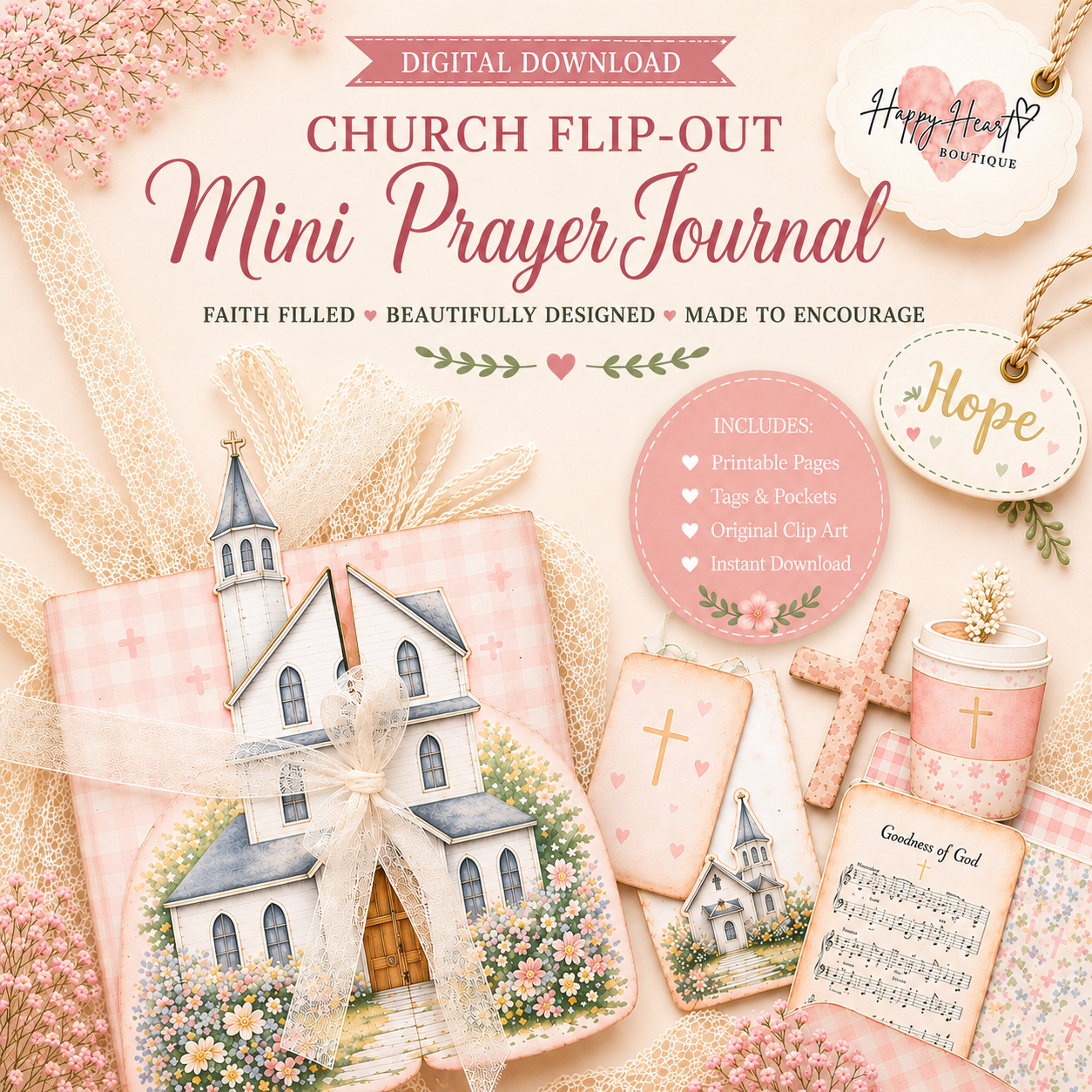 Church Flip-Out Mini Prayer Journal Printable | Christian Wedding Gift | DIY Faith Craft Digital Download