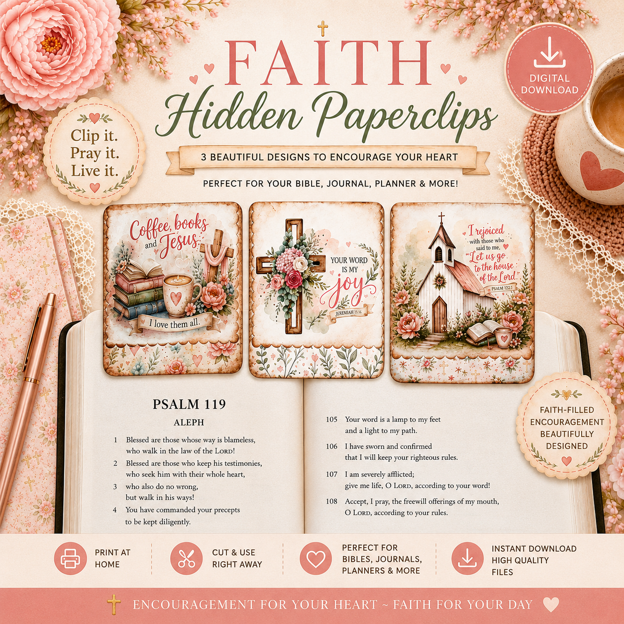 Faith Hidden Paperclip Bookmarks Printable | Christian Bible Bookmark Set | DIY Faith Craft Digital Download