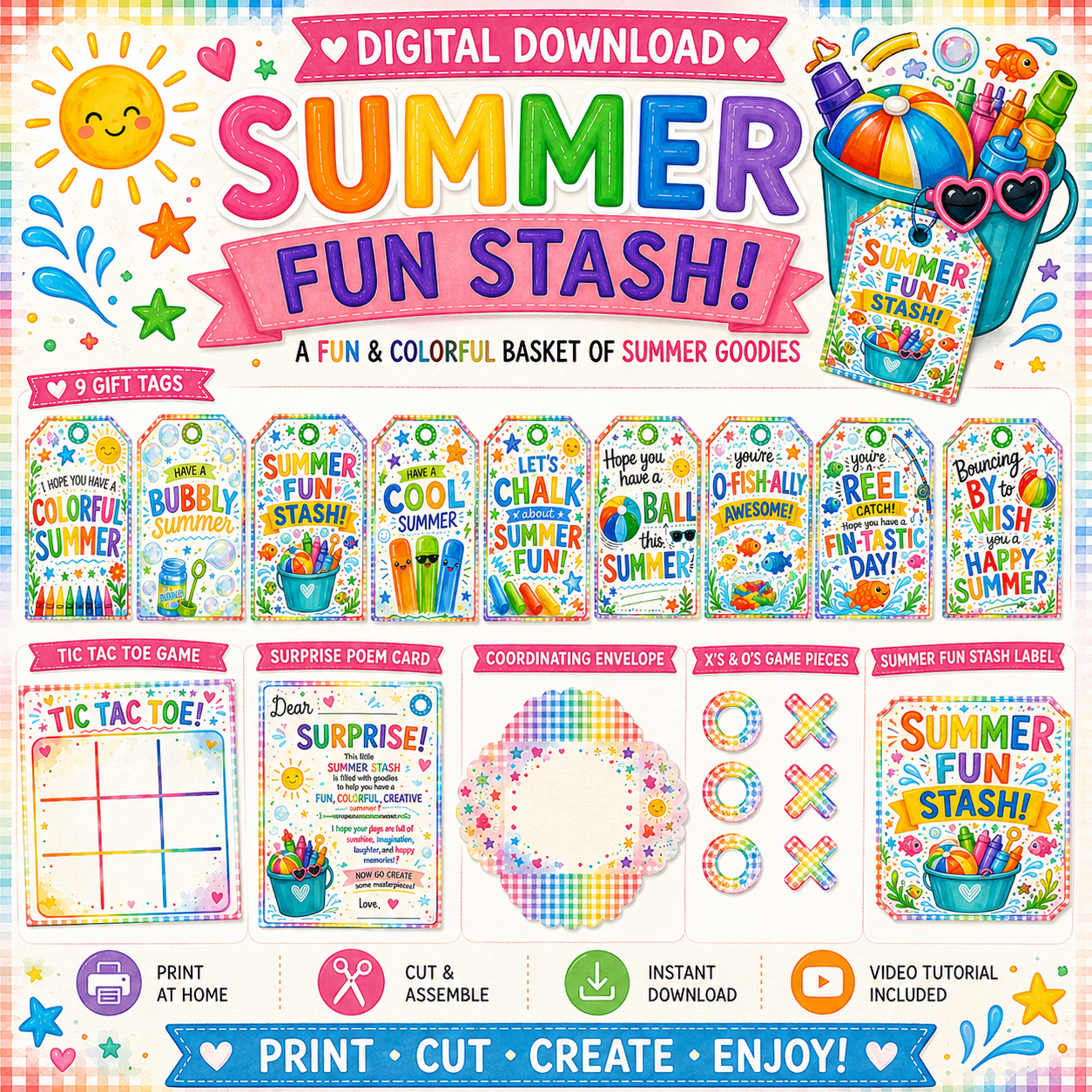 Summer Fun Stash Printable Gift Tag Bundle | End of School Gift Tags; Summer Activity Pack | Digital Download